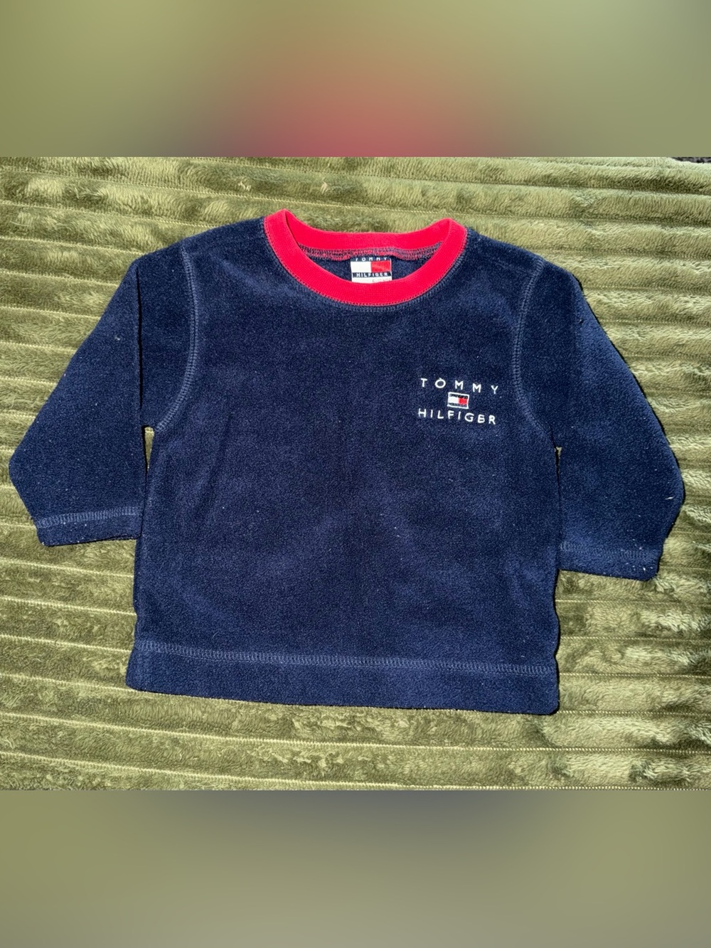Vintage Tommy Hilfiger Baby Fleece Pullover Sweater 6-12 Months Navy Red Logo